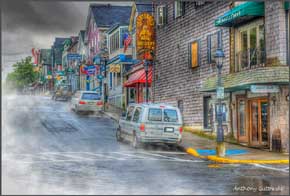 Scene looking up Main Street in Bar Harbor, Maine